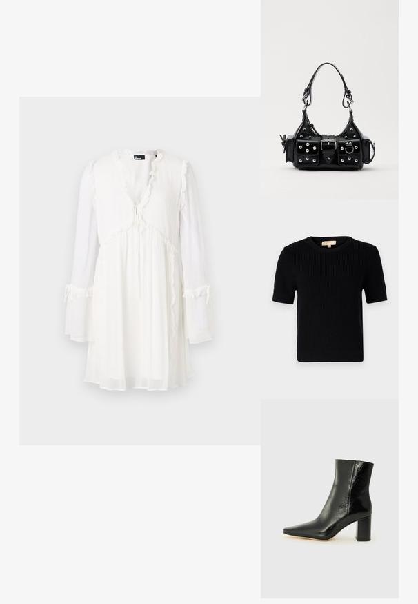 Mustapuhainen lyhythihainen neulepaita, jossa on pyöreä pääntie. Ominaisuuksina ribbikuviointi ja suorana leikattu helma. Tunnistesignaali sisäkauluksessa.; Valkoinen pitkähihaisa mekko, jossa on V-pääntie, frillateet reunat ja kiristettävä nauha vyötäröllä. Valmistettu kevyestä, läpikuultavasta kankaasta.; Musta nilkkuri kiiltävästä nahasta, jossa on terävä kärki ja paksu, neliömäinen korko. Sisältää sileän pinnan ja minimalistisen muotoilun.; Musta nahkainen käsilaukku, jossa on kaareva muotoilu, hopeiset niitit, solki ja kaksi sivutaskua. Säädettävä olkahihna erilaisiin kantovaihtoehtoihin.