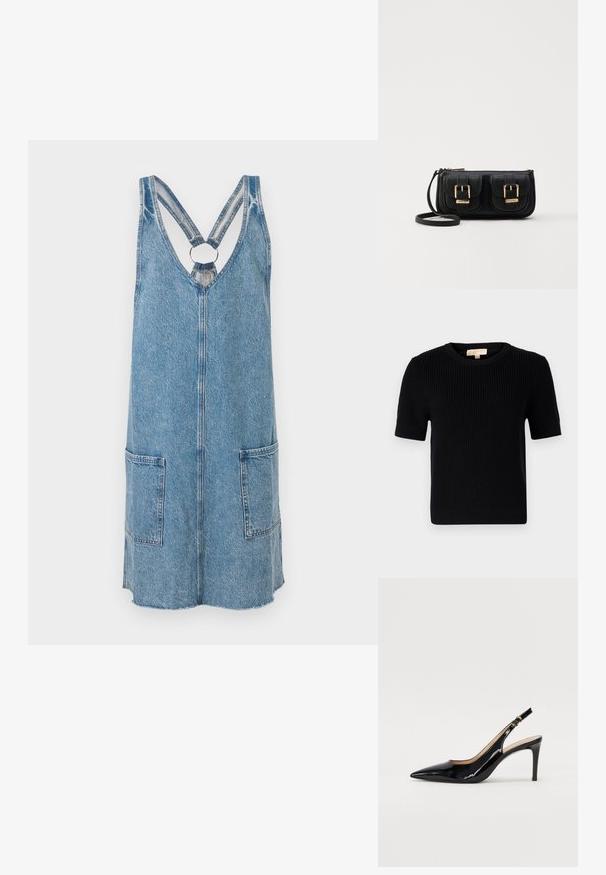 Juodas megztinis trumpomis rankovėmis su apvaliomis iškirptėmis. Siūlo gumbuotą tekstūrą ir tiesų apatinį kraštą. Etiketė vidinėje apykaklėje.; Šviesiai mėlyna džinsinė suknelė su V formos iškirpte ir kryžminėmis petnešėlėmis, papuoštomis apvaliu žiedu. Suknelė turi dvi priekinės kišenes ir tiesią apačią.; Juodas lakinės odos slingback batelis su smailiu nosiu, plonu kulnu ir subtiliu išpjovos dizainu. Yra auksinė sagtis ant dirželio.; Juodas odinis per petį nešiojamas krepšys su dviem priekiniais kišenėmis, auksiniais sagtimis, užtrauktuko uždarymu ir siauromis petnešomis. Textūruota paviršius ir kompaktiškas stačiakampis formatas.