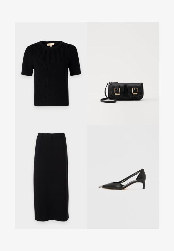 Čierny pletený sveter s krátkym rukávom a okrúhlym výstrihom. Má rebrovanú textúru a rovný strih spodného okraja. Nálepka na vnútornej strane goliera.; Čierna, sukňa po kolená vo štýle pencil vyrobená z hladkej tkaniny s priliehavým pásom, so subtílnymi prednými záhybmi a bez viditeľných zapínaní.; Čierna kožená lodička s nízkym opätkom typu kitten, so špicatou striebristou špičkou a dvoma remienkami s prackami na bielom pozadí.; Čierna kožená crossbody taška s dvoma prednými vreckami, zlatými sponami, zipsovým uzatváraním a úzkym popruhom. Štruktúrovaný povrch a kompaktný obdĺžnikový tvar.