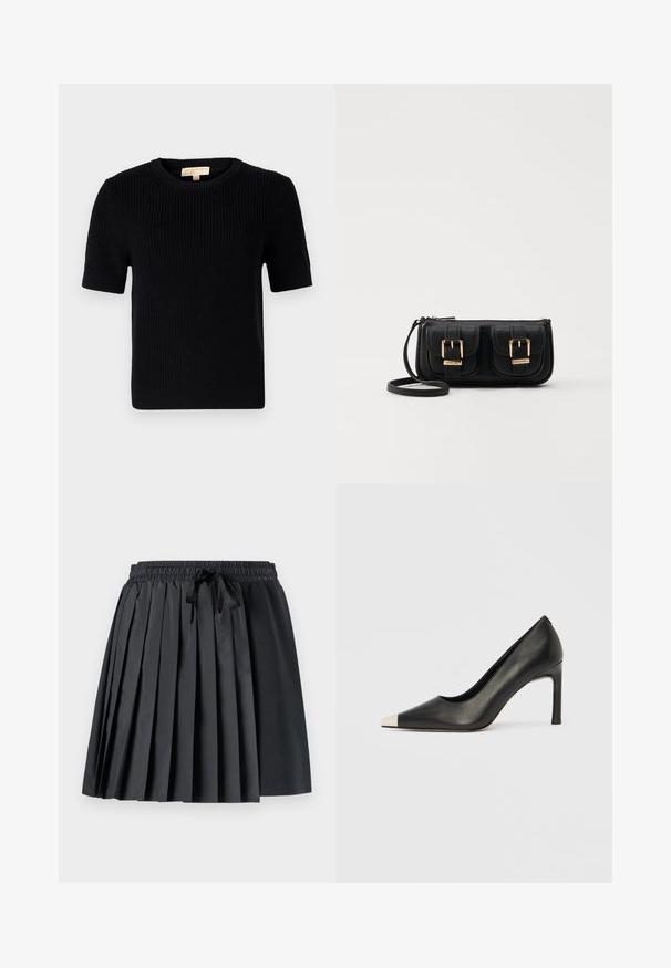 Suéter negro de punto de manga corta con escote redondo. Presenta una textura acanalada y un dobladillo recto. Etiqueta en el interior del cuello.; Falda negra plisada con cinturilla elástica y cordón; combina tela lisa y texturizada para una apariencia en capas.; Zapato de tacón alto de cuero negro con punta en forma de pico y una tapa metálica plateada. Presenta un acabado suave y un tacón delgado de 10 cm.; Bolso cruzado de cuero negro con dos bolsillos frontales, hebillas doradas, cierre de cremallera y una correa delgada. Superficie texturizada y forma rectangular compacta.