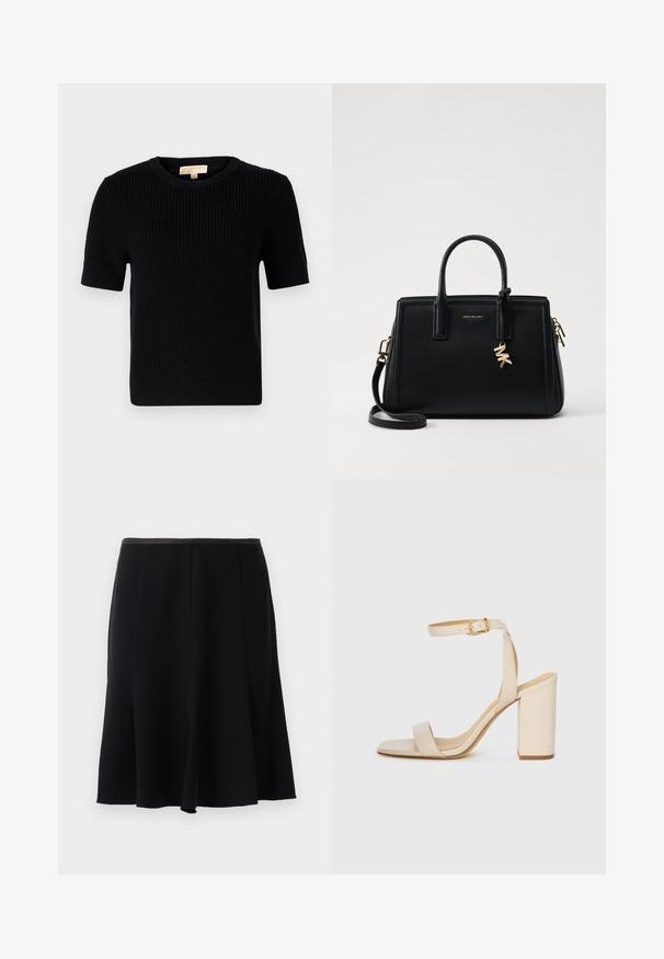 Fekete kötött rövid ujjú pulóver kerek nyakkivágással. Bordás textúrával és egyenes szabású aljjával rendelkezik. Címke a belső galléron.; Fekete A-vonalú szoknya sima textúrával, derékpánttal és redőzött kialakítással a szabad mozgás érdekében. Nincsenek látható díszítések vagy minták.; Beige színű magassarkú szandál négyzet alakú orral, vékony bokapánttal és tömbsarkúval. Simas bőrfelület arany csattal díszítve.; Fekete bőr kézitáska strukturált dizájnnal, dupla felső fogantyúkkal, levehető vállpánttal, arany színű fémrészletekkel és logómedál díszítéssel.
