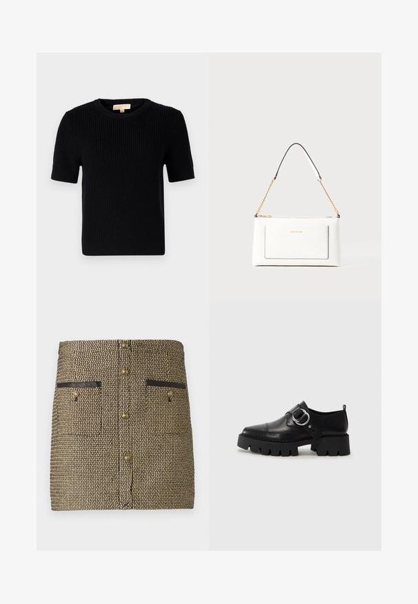 Svart strikket kortermet genser med rund halsutskjæring. Har ribbestruktur og rett avslutning. Etikett på innsiden av kragen.; Vevd skjørt med et svart og gull mønster, to frontlommer med svarte detaljer, og gullknapper nedover midten.; Sorte læringssko med en kraftig ribbet såle, som har en sirkulær sølvfarget detalj og minimal sømdekorasjon.; Hvit lærveske med teksturert overflate, utstyrt med gullkjede for å bære over skulderen og svarte detaljer. Inkluderer en frontlomme og glidelås.