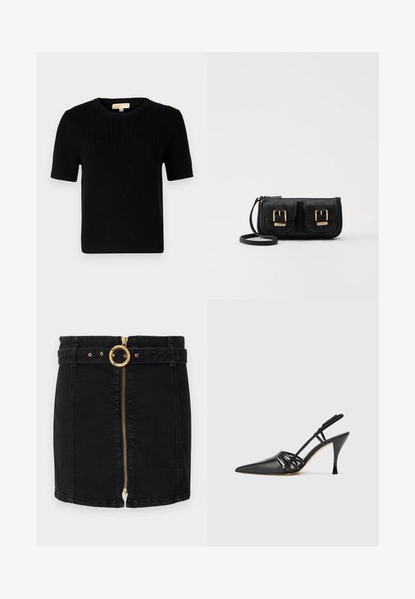 Svart stickad kortärmad tröja med rund halsringning. Har en ribbad textur och en rak fåll. Etikett på insidan av kragen.; Svart denimkjol med ett guld cirkulärt bälte, framdragkedja och bältesöglor. Har en figurnära design och rak fåll.; Svart läder högklackad slingback-sko med spetsig tå, korsande remdesign och smal stilettklack. Slät textur och minimala accenter.; Svart läderaxelväska med två framfickor, guldspännen, dragkedjestängning och en smal rem. Texturerad yta och kompakt rektangulär form.