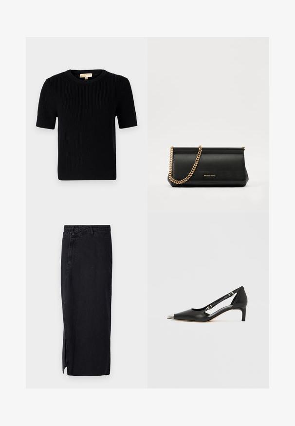 Pulover scurt, din tricot negru, cu mânecă scurtă și guler rotund. Dispune de o textură dantelată și un tiv tăiat drept. Etichetă pe gulerul interior.; Fustă din denim negru cu talie înaltă, având o fanta pe lateral și un design clasic cu cinci buzunare. Textură netedă și siluetă dreaptă.; Pantof de damă din piele neagră cu toc kitten, vârf ascuțit argintiu și două curele cu cataramă, pe fundal alb.; Plică din piele neagră cu o curea din lanț auriu, având o textură netedă, formă rectangulară și o marcă embosată pe față.