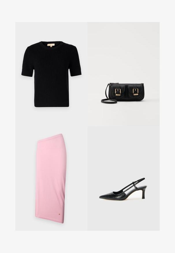 Fekete kötött rövid ujjú pulóver kerek nyakkivágással. Bordás textúrával és egyenes szabású aljjával rendelkezik. Címke a belső galléron.; Rózsaszín, térd fölé érő szoknya sima anyagból, egyszerű dizájnnal, rejtett derékkal és egy kis logós részlettel a szegélyén.; Fekete lakk slingback sarok, hegyes orral, texturált kígyómintával, állítható pánttal és rövid, texturált tömbsarkal.; Fekete bőr keresztbody táska két elülső zsebbel, arany csattokkal, cipzáras záródással és vékony pánttal. Textúrált felület és kompakt téglalap alak.