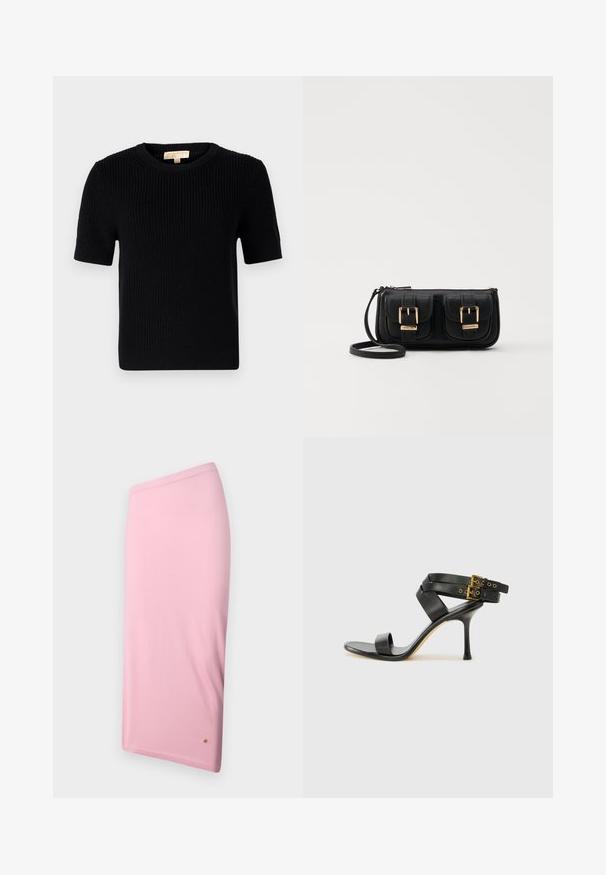 Pulover scurt, din tricot negru, cu mânecă scurtă și guler rotund. Dispune de o textură dantelată și un tiv tăiat drept. Etichetă pe gulerul interior.; Fustă roz până la genunchi, fabricată dintr-un material neted, având un design simplu cu un brâu ascuns și un accent mic cu logo la tiv.; Sandalie negre cu toc, cu curele încrucișate și cataramă ajustabilă. Prezintă o textură netedă și un toc stiletto conic.; Geantă neagră din piele, tip crossbody, cu două buzunare frontale, catarame aurii, închidere cu fermoar și o curea subțire. Suprafață texturată și formă rectangulară compactă.