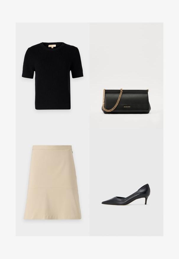 Must värvitud lühikeste varrukatega sviiter ümmarguse kaelusega. Omab ribatekstiili ja sirget lõiget. Sildiga sise-kaeluses.; Beez värvi seelik, millel on laienev disain, sile tekstuur ja horisontaalne õmbluse detail keskele ümber. Omab külgvetti.; Mustast nahast kontsakinga terava ninaga ja madala kontsaga. Omadused on sile pind ja peen läige. Esiosal on avatud lõige, mis lisab detaili.; Mustast nahast klamberkott kuldse kettrihmaga, millel on sile tekstuur, ristkülikuline kuju ja esiküljel reljeefne brändingu märk.