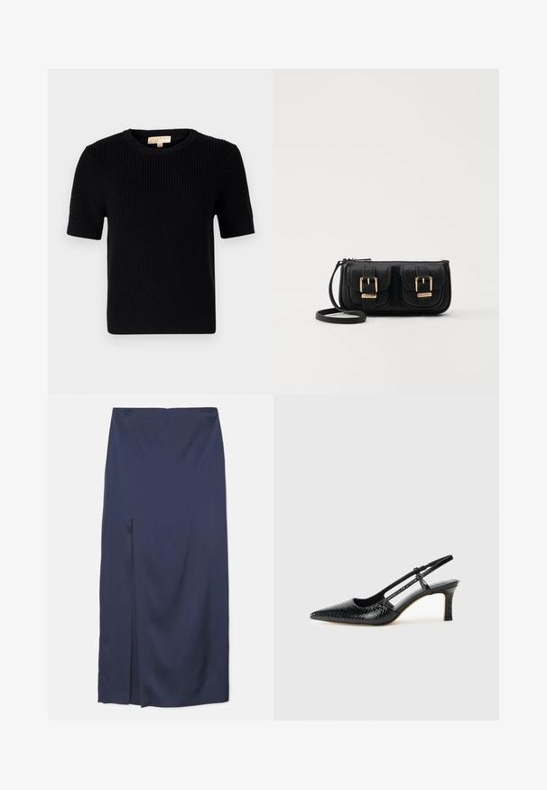 Svart strikket kortermet genser med rund halsutskjæring. Har ribbestruktur og rett avslutning. Etikett på innsiden av kragen.; Mørkeblå midi-skjørt i glatt stoff med en frontslisse, med en tettsittende midje og drapert design for flytende bevegelse.; Sorte patent slingback hæl med spids tå, featuring tekstureret slangeskind, justerbar rem og en kort, tekstureret blokhæl.; Svart skinn crossbody veske med to frontlommer, gyldne spenner, glidelåslukking og en slank stropp. Teksturert overflate og kompakt rektangulær form.
