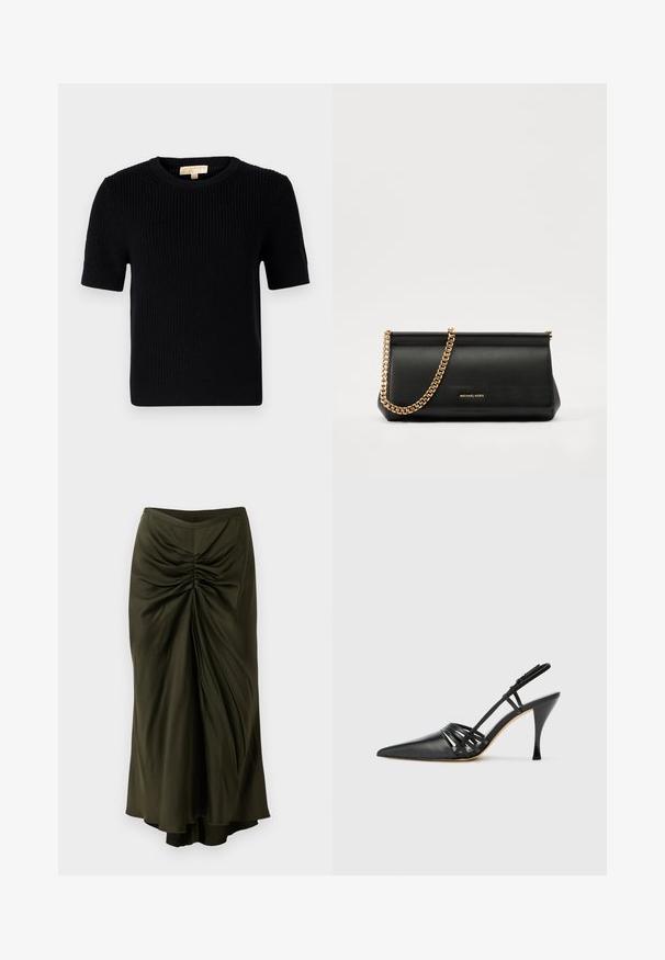 Fekete kötött rövid ujjú pulóver kerek nyakkivágással. Bordás textúrával és egyenes szabású aljjával rendelkezik. Címke a belső galléron.; Ráncolt olívazöld szoknya sima, folyékony anyagból. Magas dereka és aszimmetrikus szegélye van, ami plusz dimenziót ad neki.; Fekete bőr magassarkú slingback cipő, hegyes orral, keresztbe fonott pántos dizájnnal és vékony tűs sarkakkal. Sima felület és minimális díszítés.; Fekete bőr kisméretű táska arany lánccal, sima felülettel, téglalap alakú, és dombornyomott márkázással az elején.