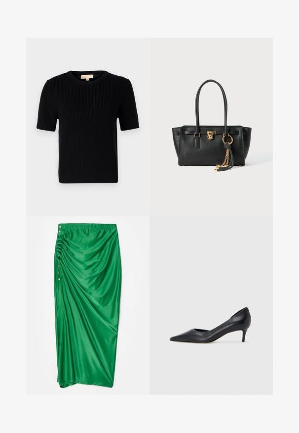 Mustapuhainen lyhythihainen neulepaita, jossa on pyöreä pääntie. Ominaisuuksina ribbikuviointi ja suorana leikattu helma. Tunnistesignaali sisäkauluksessa.; Vihreä satiininen maksihame, jossa on rypistetty muotoilu, ja sivussa on viisi koristeellista hopeanväristä nappia sekä joustava vyötärö.; Musta nahkainen avokärkinen korkokenkä, jossa on matala korko. Kenkä on sileäpintainen ja siinä on himmeä kiilto. Edessä on avoin leikkaus, joka lisää yksityiskohtaisuutta.; Musta nahkainen käsilaukku, jossa on kaksinkertaiset kahvat, kultainen lukko ja ketjuyksityiskohta, sekä musta-valkoinen tupsu koriste, valkoista taustaa vasten.