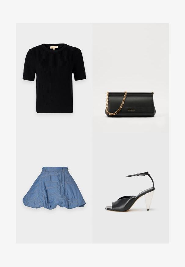 Čierny pletený sveter s krátkym rukávom a okrúhlym výstrihom. Má rebrovanú textúru a rovný strih spodného okraja. Nálepka na vnútornej strane goliera.; Ksenia Schnaider QUILTED MINI SKIRT - Minisukňa - light blue; Čierne kožené sandále na vysokých podpätkoch s otvorenou špičkou, asymetrickým dizajnom, remienkom okolo členka a kovovým kužeľovitým podpätkom. Hladká textura po celom povrchu.; Čierna kožená kabelka s retiazkou zo zlata, so hladkou textúrou, obdĺžnikovým tvarom a embosovaným logom na prednej strane.