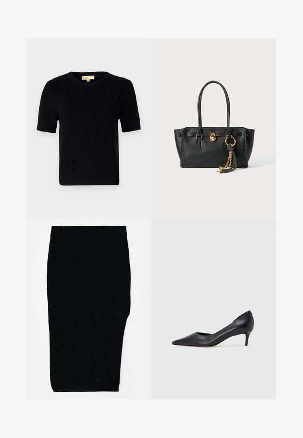 Pulover scurt, din tricot negru, cu mânecă scurtă și guler rotund. Dispune de o textură dantelată și un tiv tăiat drept. Etichetă pe gulerul interior.; Fustă neagră, până la genunchi, realizată din material plasa, cu o siluetă ajustată și talie elastică, având o suprafață texturată.; Pantof din piele neagră, cu vârf ascuțit și toc mic. Are o textură netedă și un luciu subtil. Decupaj deschis în partea din față pentru un detaliu suplimentar.; Geantă de mână din piele neagră cu mânere duble, lacăt aurit și detalii cu lanț, împreună cu un accesoriu cu ciucuri alb-negru, pe fond alb.