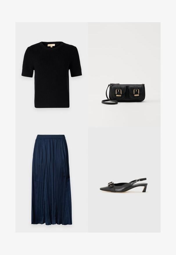 Svart strikket kortermet genser med rund halsutskjæring. Har ribbestruktur og rett avslutning. Etikett på innsiden av kragen.; Mørkeblå plissert maxiskjørt med elastisk midje, med en glatt tekstur og utvidet design, som faller til under knærne.; Svarte skinn slingback-sko med spiss tå, liten hæl og dekorativ spenne-detalj på overdelen. Glatt tekstur, minimalistisk design.; Svart skinn crossbody veske med to frontlommer, gyldne spenner, glidelåslukking og en slank stropp. Teksturert overflate og kompakt rektangulær form.
