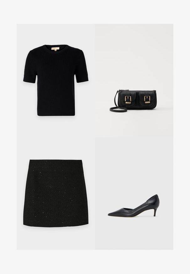 Must värvitud lühikeste varrukatega sviiter ümmarguse kaelusega. Omab ribatekstiili ja sirget lõiget. Sildiga sise-kaeluses.; Must mustritud must mini seelik kergete sädelustega, sirge lõikega ja ilma nähtavate kaunistuste või mustriteta.; Mustast nahast kontsakinga terava ninaga ja madala kontsaga. Omadused on sile pind ja peen läige. Esiosal on avatud lõige, mis lisab detaili.; Must küllastamata nahast õlakott, millel on kaks esist nähtavat taskut, kuldsed pandlad, tõmblukuga sulgemine ja peen rihm. Tekstuuriga pind ja kompaktne ristkülikukujuline kuju.