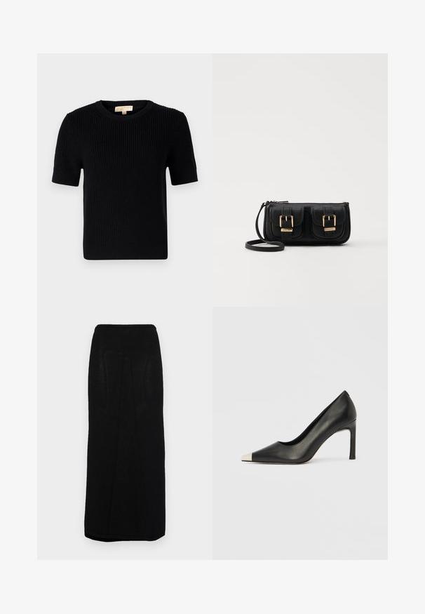 Mustapuhainen lyhythihainen neulepaita, jossa on pyöreä pääntie. Ominaisuuksina ribbikuviointi ja suorana leikattu helma. Tunnistesignaali sisäkauluksessa.; Musta neule maxi-hame, jossa on suora siluetti. Hameessa on ribattu vyötärö ja huomaamattomat pystysaumat sivuilla.; Musta nahkainen korkokenkä, jossa on kärkiosa ja metallinen hopeanvärinen kärki. Kenkä on sileäpintainen ja siinä on kapea 10 cm korko.; Musta nahkainen olkalaukku, jossa on kaksi etutaskua, kultaiset soljet, vetoketjukiinnitys ja kapea hihna. Teksturoidun pinnan ja kompaktin suorakaiteen muoto.