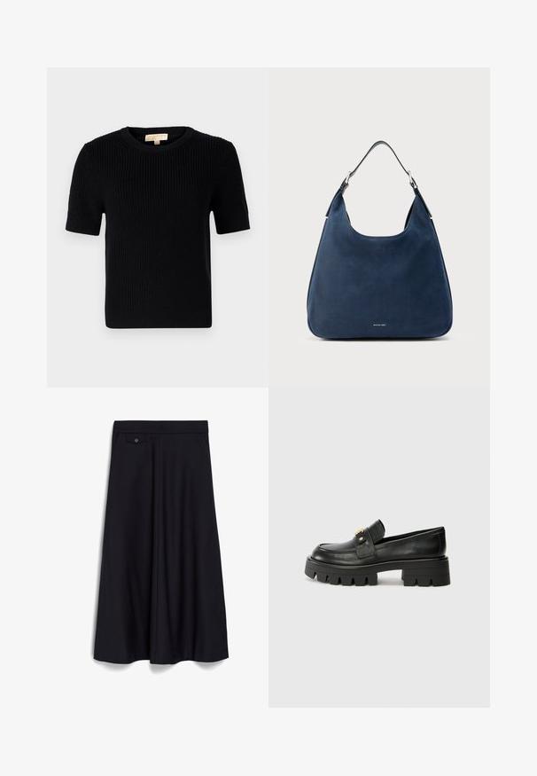 Černý pletený svetr s krátkým rukávem a kulatým výstřihem. Má odřenou texturu a rovný lem. Štítek na vnitřní straně límce.; Černá sukně ke kolenům s širokým, volným střihem. Má plochý pas a detail jednoho knoflíku na přední kapse.; Černé kožené mokasíny s robustní podešví, které mají zlatý akcent na přední části a hladký povrch. Robustní vzor protiskluzu na podešvi.; Námořnicky modrá kožená kabelka s hladkou texturou, zakřiveným tvarem a jedním nastavitelným popruhem. Na spodní části je malé logo.