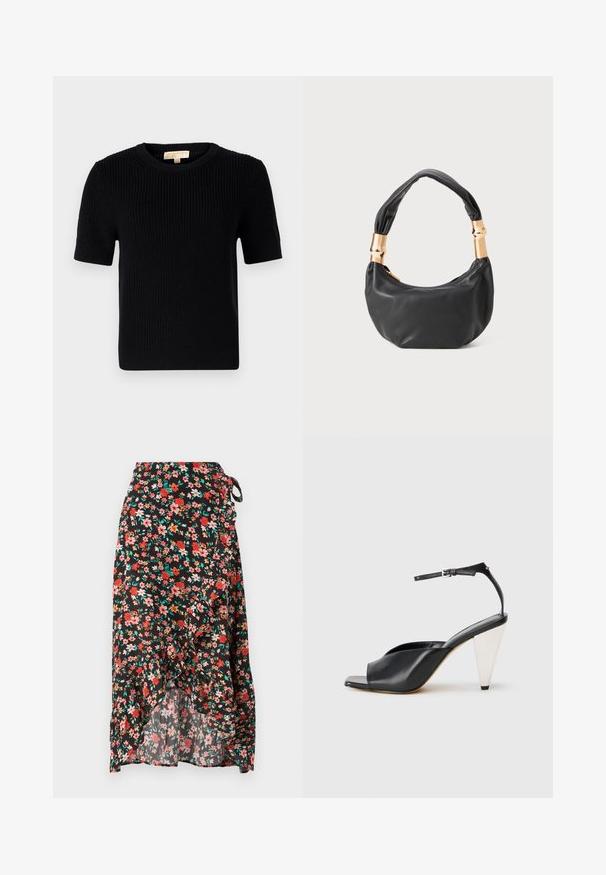 Zwarte gebreide korte mouwen trui met een ronde halslijn. Beschikt over een geribbelde textuur en een rechte zoom. Etiket op de binnenkant van de kraag.; Bloemen wikkelrok met een zwarte achtergrond, rode en roze bloemen, ruffle zoom, verstelbare strik in de taille, en lichte stof.; Zwarte leren hoge hak sandaal met open teen, asymmetrisch ontwerp, enkelbandje en een metalen kegelvormige hak. Glad oppervlak over het geheel.; Zwarte leren handtas met een ronde vorm, zachte textuur en een geknoopt handvat met gouden hardware accenten. Met rits sluiting.