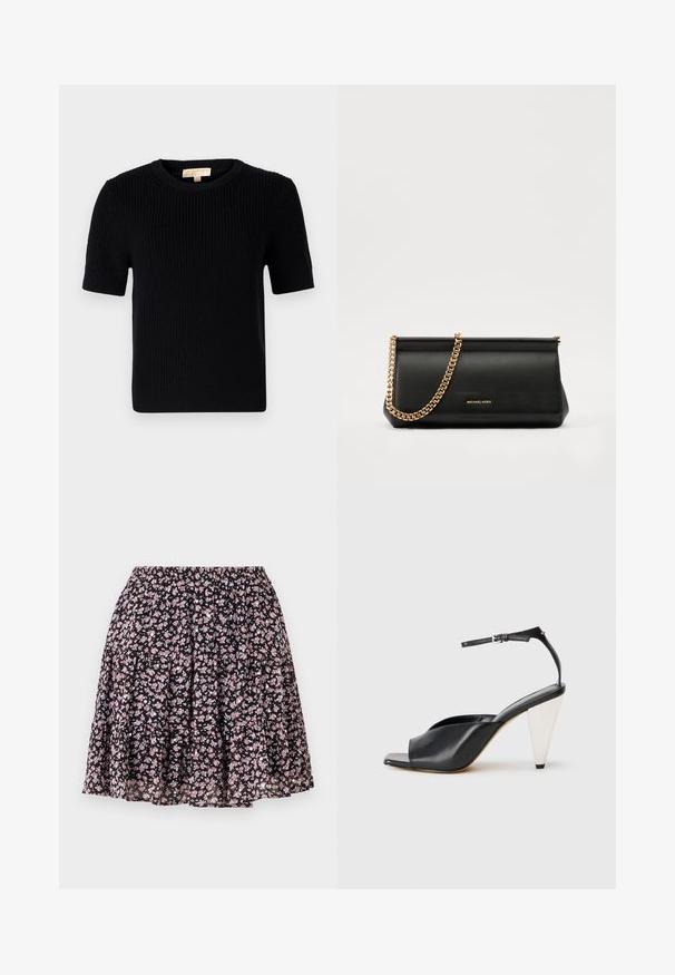 Suéter negro de punto de manga corta con escote redondo. Presenta una textura acanalada y un dobladillo recto. Etiqueta en el interior del cuello.; Falda floral con fondo negro que presenta pequeñas flores rosas. Cintura elástica, diseño en capas y tejido ligero.; Sandalia de tacón alto de cuero negro con punta abierta, diseño asimétrico, tirante en el tobillo y tacón en forma de cono metálico. Textura suave en toda la superficie.; Cartera de mano de piel negra con una correa de cadena dorada, que presenta una textura suave, forma rectangular y un logotipo en relieve en la parte frontal.