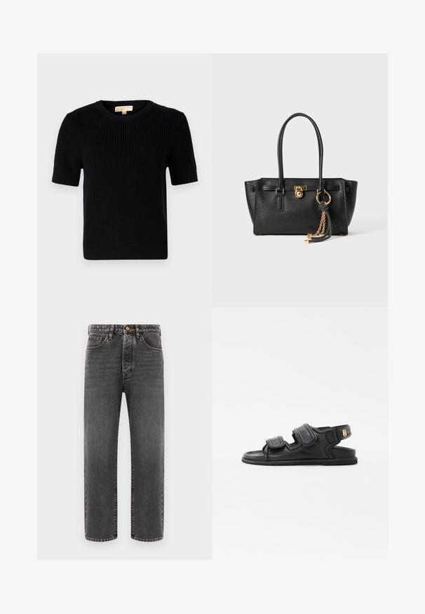 Must värvitud lühikeste varrukatega sviiter ümmarguse kaelusega. Omab ribatekstiili ja sirget lõiget. Sildiga sise-kaeluses.; Tumedad hallid teksad, mis on valmistatud denimist, sirge jala disainiga, viie taskuga ja nähtava õmbluse akendega. Nööpidega tõmbluku sulgemine vööl.; sandro Sandaalid - noir; Must musta kott, millel on kahekordsed käepidemed, kuldne lukustus ja kett, ning must-valge tutikate aksessuaar valge tausta ees.