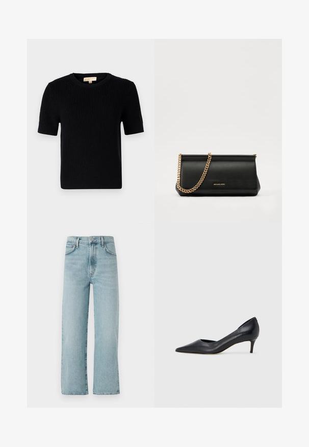 Svart stickad kortärmad tröja med rund halsringning. Har en ribbad textur och en rak fåll. Etikett på insidan av kragen.; Ljust blå raka jeans i denim, med hög midja, framknäppning och subtila blekning på tyget.; Svart läderpumps med spetsig tå och låg klack. Har en slät textur och subtil glans. Öppet utskuret fram för extra detalj.; Svart läderclutch med en guldkedjesjal, med en slät yta, rektangulär form och präglad märkning på framsidan.
