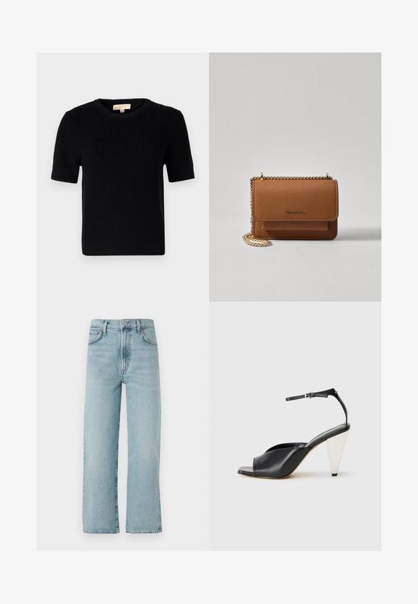 Svart strikket kortermet genser med rund halsutskjæring. Har ribbestruktur og rett avslutning. Etikett på innsiden av kragen.; Lys blå rett-lengde jeans laget av denim, med høy midje, frontknapp-lukk og subtil fading på stoffet.; Svart lær høyhælte sandaler med åpen tå, asymmetrisk design, ankelstropp og en metallisk kjegleformet hæl. Glatt tekstur hele veien.; Brun teksturert lær crossover-veske med gullkjede-stropp og klaffelukking. Fronten har logo-detalj og en lomme under klaffen.