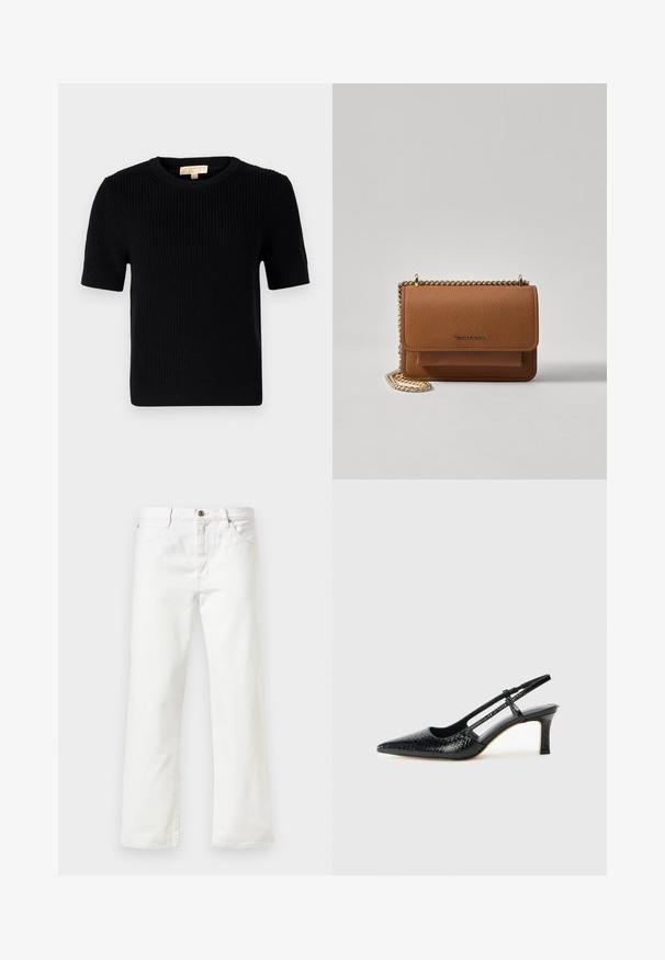 Juodas megztinis trumpomis rankovėmis su apvaliomis iškirptėmis. Siūlo gumbuotą tekstūrą ir tiesų apatinį kraštą. Etiketė vidinėje apykaklėje.; Balti džinsai su tiesiomis kojomis, turintys mygtuko užsegimą ir penkių kišenių stilių. Sklandus paviršius ir minimalus dekoravimas.; Juodai lakuoti slingback aukštakulniai su smailiu nosiu, su tekstūruotu gyvatės raštu, reguliuojama juosta ir trumpu, tekstūruotu blokiniu kulnu.; Ruda tekstūruota odinė per petį nešama rankinė su auksiniu grandininiu dirželiu ir užlenkiamo užsegimo. Priekinėje pusėje yra logotipo detalė ir kišenė po užlenkimu.