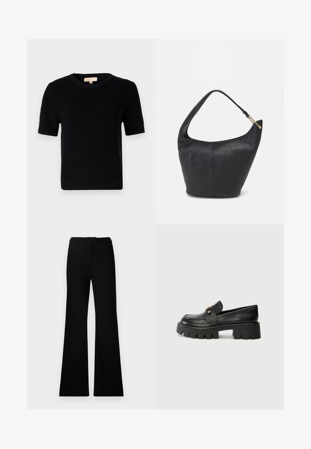 Zwarte gebreide korte mouwen trui met een ronde halslijn. Beschikt over een geribbelde textuur en een rechte zoom. Etiket op de binnenkant van de kraag.; Zwarte uitlopende broek met een soepele textuur, een op maat gemaakte tailleband en voorzakken, ontworpen met een elegante, moderne silhoeët.; Zwarte leren instappers met een chunky zool, met een goudkleurige accent aan de voorkant en een gladde afwerking. Chunky profielontwerp op de zool.; Zwarte leren handtas met een ronde vorm, een brede schouderriem en een gestructureerde afwerking. Bevat subtiele naaddetails en een gouden hardwareaccent.