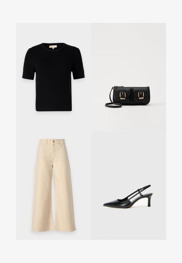 Schwarzer, gestrickter Pullover mit kurzen Ärmeln und rundem Halsausschnitt. Verfügt über eine gerippte Textur und einen gerade geschnittenen Saum. Etikett im inneren Kragen.; Beige weite Jeans aus Denim, mit hoher Taille, Fronttaschen, Knopfverschluss und ausgefranstem Saum.; Schwarze Lack-Slingback-Pumps mit spitzem Zehenbereich, versehen mit strukturiertem Schlangenprint, verstellbarem Riemen und einem kurzen, strukturierten Blockabsatz.; Schwarze Leder-Umhängetasche mit zwei vorderen Taschen, goldenen Schnallen, Reißverschluss und einem schmalen Tragegurt. Texturierte Oberfläche und kompakte rechteckige Form.