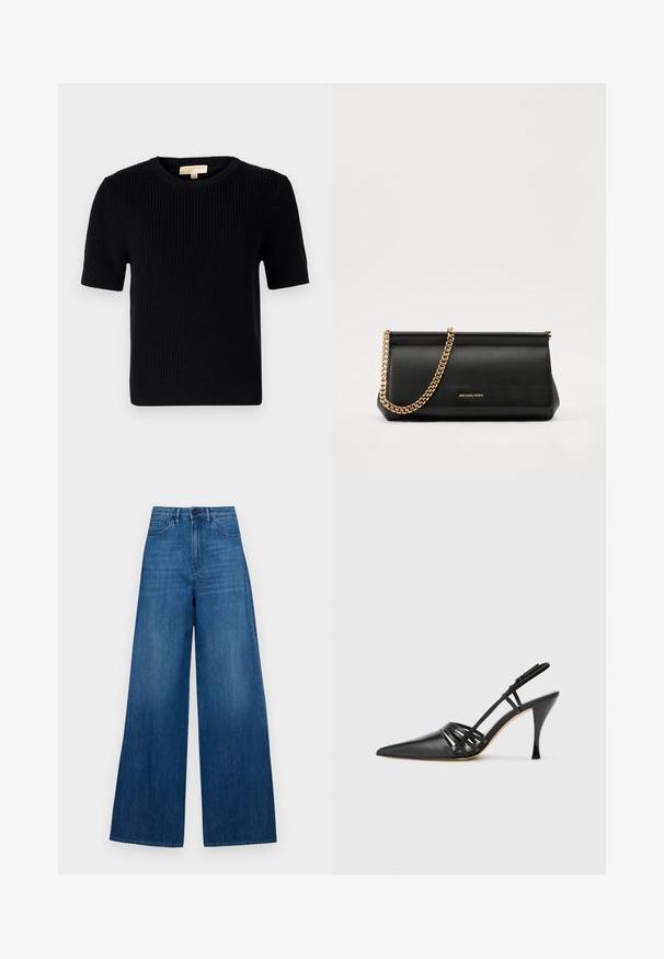 Must värvitud lühikeste varrukatega sviiter ümmarguse kaelusega. Omab ribatekstiili ja sirget lõiget. Sildiga sise-kaeluses.; Laiad sinised teksapüksid kõrge vöökoha, viie tasku kujunduse, puhta viimistluse ja kerge tuhmidusega. Puuduvad nähtavad brändingud või kaunistused.; Must musta kõrgtehnoloogiline suss, terava ninaga, ristcross rihmade disainiga ja õhukese stilettokontsaga. Sile tekstuur ja minimaalne kaunistus.; Mustast nahast klamberkott kuldse kettrihmaga, millel on sile tekstuur, ristkülikuline kuju ja esiküljel reljeefne brändingu märk.