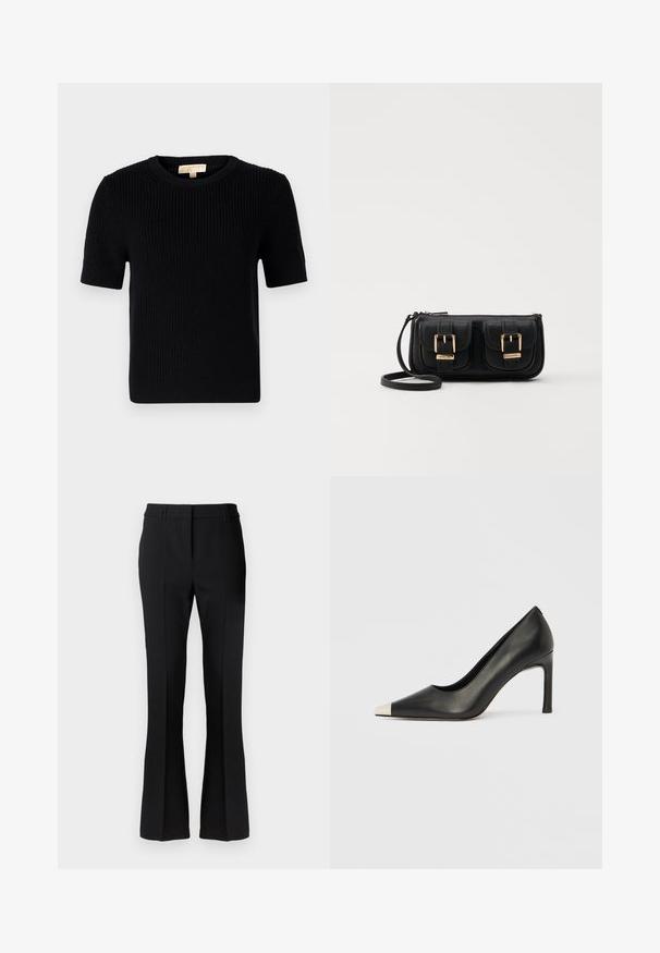 Svart stickad kortärmad tröja med rund halsringning. Har en ribbad textur och en rak fåll. Etikett på insidan av kragen.; Svarta utsvängda byxor i ett mjukt tyg, med en skräddarsydd midja och framfals, designade för en figurnära silhuett.; Svart skinnsko med hög klack, spetsig tå och metallisk silverhätta. Har en slät yta och en smal klack på 10 cm.; Svart läderaxelväska med två framfickor, guldspännen, dragkedjestängning och en smal rem. Texturerad yta och kompakt rektangulär form.
