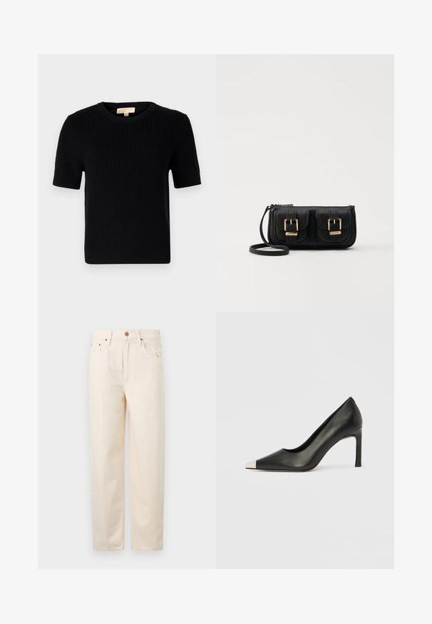 Must värvitud lühikeste varrukatega sviiter ümmarguse kaelusega. Omab ribatekstiili ja sirget lõiget. Sildiga sise-kaeluses.; Beige kõrge vöökohaga teksad, valmistatud puuvillast. Omab viit taskut, nuppe ja lukku, sirged jalad ning diskreetne õmbluse detail.; Mustast nahast kõrge kontsaga king terava varba ja metallik hõbedase otsikuga. Iseloomustab sile viimistlus ja sihvakas 10 cm konts.; Must küllastamata nahast õlakott, millel on kaks esist nähtavat taskut, kuldsed pandlad, tõmblukuga sulgemine ja peen rihm. Tekstuuriga pind ja kompaktne ristkülikukujuline kuju.