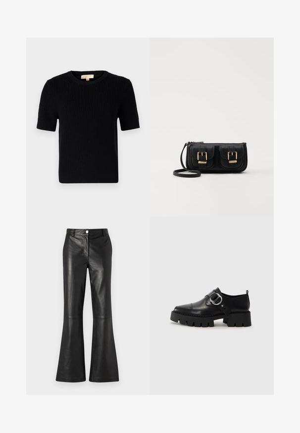 Must värvitud lühikeste varrukatega sviiter ümmarguse kaelusega. Omab ribatekstiili ja sirget lõiget. Sildiga sise-kaeluses.; Mustad nahast laiad püksid, millel on sile tekstuur, esiosa tõmblukk ja metallist nupuga kinnitamine. Puhtad jooned ja minimaalne detaile.; Mustad musta naha jalanõud, millel on jäme ribaga tallad, ringikujuline hõbedane detail ja minimaalne õmblusdetail.; Must küllastamata nahast õlakott, millel on kaks esist nähtavat taskut, kuldsed pandlad, tõmblukuga sulgemine ja peen rihm. Tekstuuriga pind ja kompaktne ristkülikukujuline kuju.