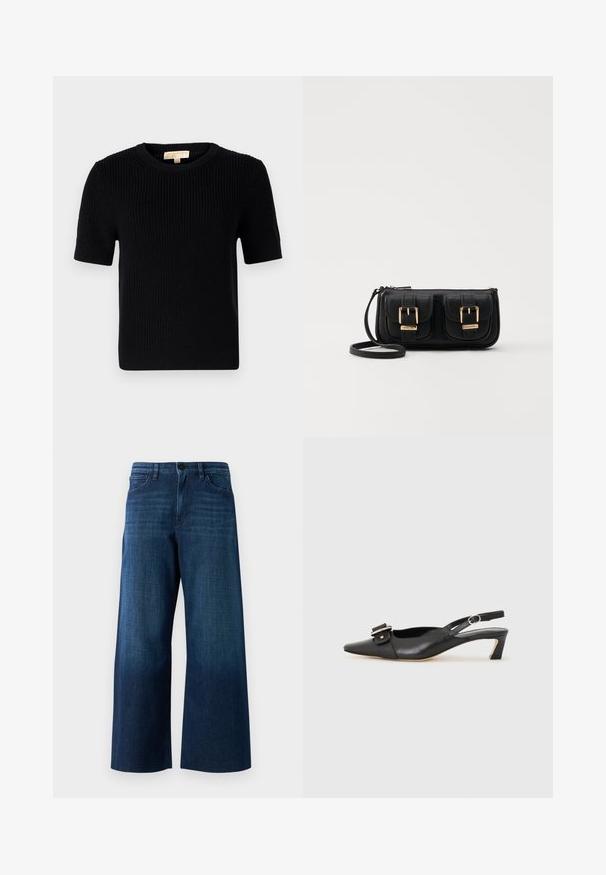 Černý pletený svetr s krátkým rukávem a kulatým výstřihem. Má odřenou texturu a rovný lem. Štítek na vnitřní straně límce.; Široké tmavě modré džíny se zapínáním na knoflík, poutky na opasek a klasickým designem s pěti kapsami na jednobarevném pozadí.; Černé kožené sandály s úzkou špičkou, malým podpatkem a dekorativní sponou na nártu. Hladký povrch, minimalistický design.; Černá kožená crossbody taška se dvěma předními kapsami, zlatými přezkami, zipovým uzávěrem a štíhlým popruhem. Texturovaný povrch a kompaktní obdélníkový tvar.