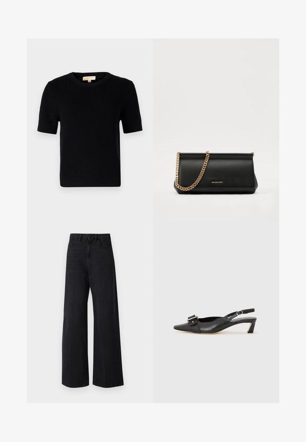 Svart strikket kortermet genser med rund halsutskjæring. Har ribbestruktur og rett avslutning. Etikett på innsiden av kragen.; Sorte bredde jeans laget av denim. Høyt liv med knappelukk og fem lommer. Glatt tekstur med subtil falming langs beina.; Svarte skinn slingback-sko med spiss tå, liten hæl og dekorativ spenne-detalj på overdelen. Glatt tekstur, minimalistisk design.; Svart skinnkuvertveske med en gullkjede-rem, med en glatt tekstur, rektangulær form og preget merkevare på forsiden.