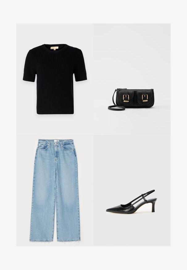 Juodas megztinis trumpomis rankovėmis su apvaliomis iškirptėmis. Siūlo gumbuotą tekstūrą ir tiesų apatinį kraštą. Etiketė vidinėje apykaklėje.; Šviesiai mėlyni plačių kojų džinsai, pagaminti iš džinsinio audinio, su suglebusiu apatine apvadu, klasikinis penkių kišenių dizainas ir mygtuko užsegimas juosmens srityje.; Juodai lakuoti slingback aukštakulniai su smailiu nosiu, su tekstūruotu gyvatės raštu, reguliuojama juosta ir trumpu, tekstūruotu blokiniu kulnu.; Juodas odinis per petį nešiojamas krepšys su dviem priekiniais kišenėmis, auksiniais sagtimis, užtrauktuko uždarymu ir siauromis petnešomis. Textūruota paviršius ir kompaktiškas stačiakampis formatas.