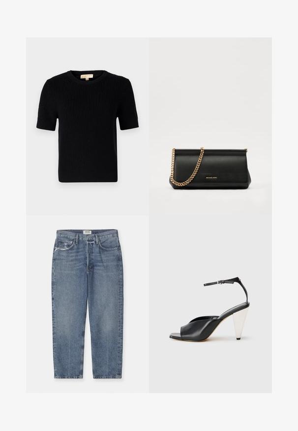 Black knitted short-sleeve sweater with a round neckline. Features a ribbed texture and a straight-cut hemline. Label on the inside collar.; Light blue high-waisted jeans made of denim featuring a straight-leg cut, distressed accents, and classic five-pocket design.; Black leather high heel sandal with open toe, asymmetrical design, ankle strap, and a metallic cone-shaped heel. Smooth texture throughout.; Black leather clutch bag with a gold chain strap, featuring a smooth texture, rectangular shape, and embossed branding on the front.