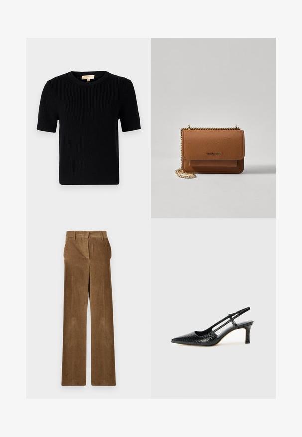 Svart strikket kortermet genser med rund halsutskjæring. Har ribbestruktur og rett avslutning. Etikett på innsiden av kragen.; Brune kordfløyels bukser med vid ben, beltehemper og frontlommer, vist flat mot en hvit bakgrunn.; Sorte patent slingback hæl med spids tå, featuring tekstureret slangeskind, justerbar rem og en kort, tekstureret blokhæl.; Brun teksturert lær crossover-veske med gullkjede-stropp og klaffelukking. Fronten har logo-detalj og en lomme under klaffen.