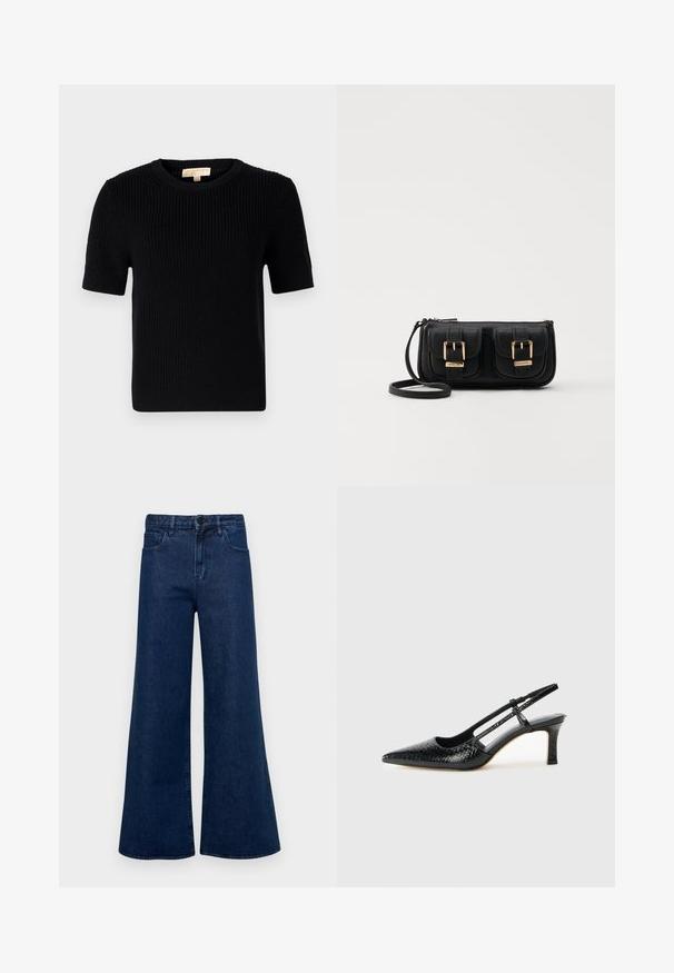 Must värvitud lühikeste varrukatega sviiter ümmarguse kaelusega. Omab ribatekstiili ja sirget lõiget. Sildiga sise-kaeluses.; Tumedast sinise värviga laiad teksad, millel on kõrge talje, kaks esikäe taskut ja nööpkinnitus, valmistatud siledast denimist.; Mustmust paelad, millel on terav varvas, tekstuuriga maduprindiga, reguleeritav rihm ja lühike tekstuuriga plokknina.; Must küllastamata nahast õlakott, millel on kaks esist nähtavat taskut, kuldsed pandlad, tõmblukuga sulgemine ja peen rihm. Tekstuuriga pind ja kompaktne ristkülikukujuline kuju.