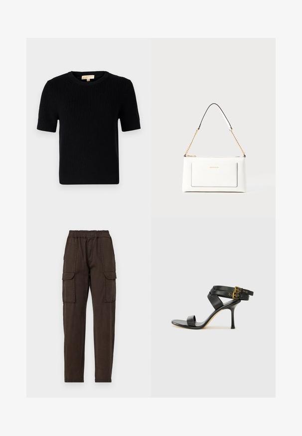 Svart stickad kortärmad tröja med rund halsringning. Har en ribbad textur och en rak fåll. Etikett på insidan av kragen.; Bruna cargobyxor med elastisk midja, två stora framfickor och en smal bendesign. Tillverkade av lätt tyg med en matt yta.; Svart klack-sandal med korsade remmar och justerbar spänne. Har en slät textur och en taperad stilettklack.; Vit läderhandväska med texturerad yta, med guldkedjeslinga och svarta accenter. Inkluderar en framsida ficka och dragkedjestängning.