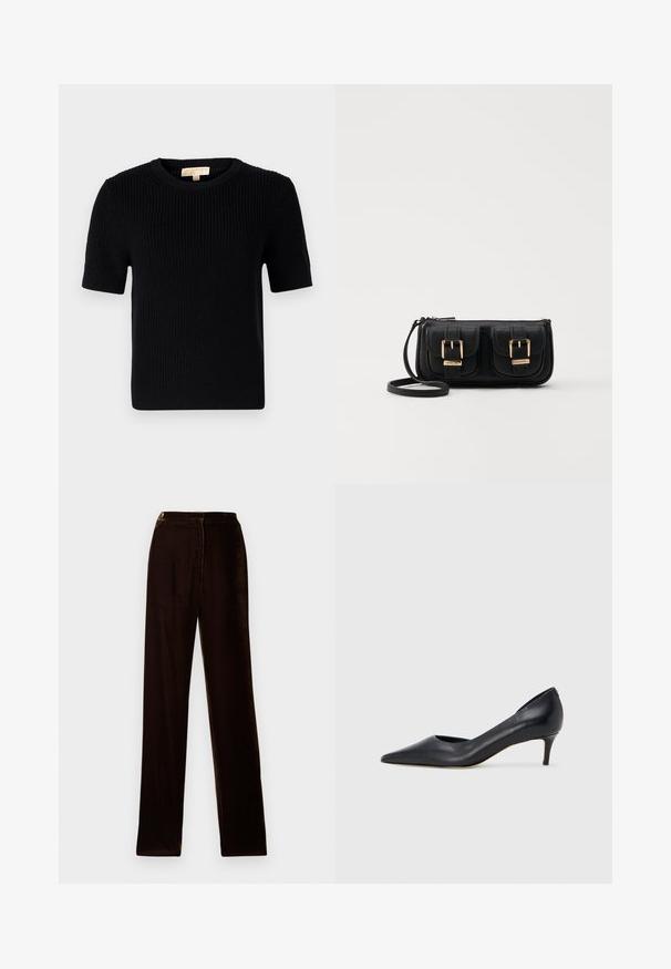 Must värvitud lühikeste varrukatega sviiter ümmarguse kaelusega. Omab ribatekstiili ja sirget lõiget. Sildiga sise-kaeluses.; Pruun sametist püksid sirge lõikega, millel on sile tekstuur ja hõrk sära, disainitud tavalise vöökoha ja külgõmblustega.; Mustast nahast kontsakinga terava ninaga ja madala kontsaga. Omadused on sile pind ja peen läige. Esiosal on avatud lõige, mis lisab detaili.; Must küllastamata nahast õlakott, millel on kaks esist nähtavat taskut, kuldsed pandlad, tõmblukuga sulgemine ja peen rihm. Tekstuuriga pind ja kompaktne ristkülikukujuline kuju.