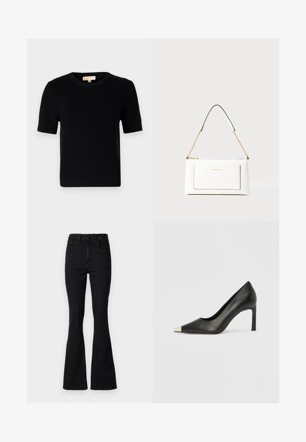 Černý pletený svetr s krátkým rukávem a kulatým výstřihem. Má odřenou texturu a rovný lem. Štítek na vnitřní straně límce.; Černé rozšířené džíny s vysokým pasem, vyrobené z denimu. Mezi jejich vlastnosti patří zapínání na knoflík, pět kapes a hladká textura.; Černá kožená lodička na vysokém podpatku s špičatou špičkou a stříbrnou kovovou špičkou. Má hladký povrch a štíhlý 10cm podpatek.; Bílá kožená kabelka s texturovaným povrchem, zdobená zlatým řetízkem a černými akcenty. Obsahuje přední kapsu a uzavírání na zip.