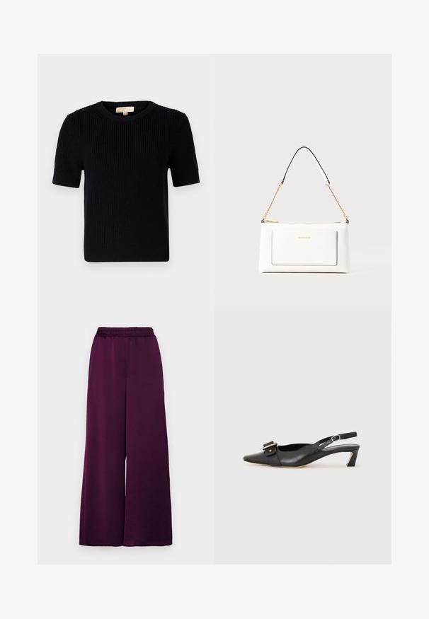 Juodas megztinis trumpomis rankovėmis su apvaliomis iškirptėmis. Siūlo gumbuotą tekstūrą ir tiesų apatinį kraštą. Etiketė vidinėje apykaklėje.; MAX&Co. ACRUX - Kelnės - most; Juodas odinis slingback batelis su smailiu nosiu, maža pakulne ir dekoratyvine sagtimi viršuje. Lygus paviršius, minimalistas dizainas.; Balta odinė rankinė su tekstūruotu paviršiumi, turinti auksinį grandinėlės dirželį ir juodas detales. Įskaičiuota priekinė kišenė ir užtrauktuko uždarymas.