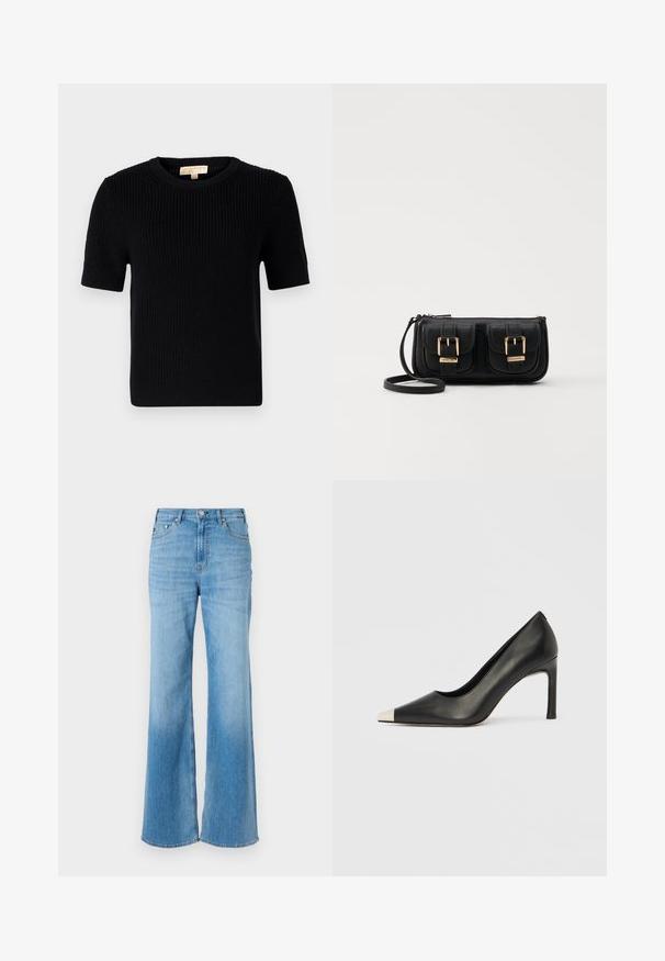 Svart strikket kortermet genser med rund halsutskjæring. Har ribbestruktur og rett avslutning. Etikett på innsiden av kragen.; Lys blå denim vide bukser med høj talje, med stikninger og knaplukning. Glat tekstur og let falmet.; Svart lærsko med høye hæler, spiss tå og metallisk sølvhette. Har en glatt finish og en slank hæl på 10 cm.; Svart skinn crossbody veske med to frontlommer, gyldne spenner, glidelåslukking og en slank stropp. Teksturert overflate og kompakt rektangulær form.