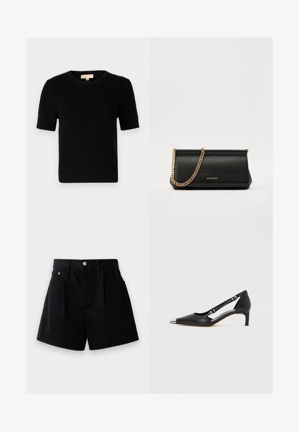 Fekete kötött rövid ujjú pulóver kerek nyakkivágással. Bordás textúrával és egyenes szabású aljjával rendelkezik. Címke a belső galléron.; Fekete farmer rövidnadrág egyenes szabással, gombos záródással, két elülső zsebbel és puha, texturált anyaggal.; Fekete bőrből készült kismagassarkú, hegyes ezüst orrkupakkal és dupla csatos pántokkal, fehér háttéren.; Fekete bőr kisméretű táska arany lánccal, sima felülettel, téglalap alakú, és dombornyomott márkázással az elején.