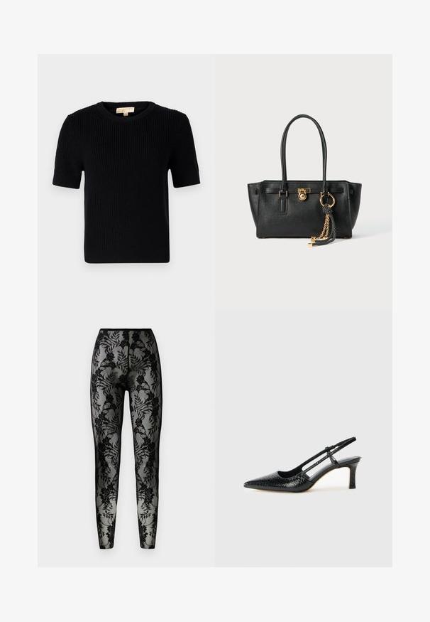 Juodas megztinis trumpomis rankovėmis su apvaliomis iškirptėmis. Siūlo gumbuotą tekstūrą ir tiesų apatinį kraštą. Etiketė vidinėje apykaklėje.; Juodos nėrinių kelnės su gėlių raštu, permatomu audiniu ir prigludusia fasonu, su glotnia juosmens juosta ir uždarytais kraštais.; Juodai lakuoti slingback aukštakulniai su smailiu nosiu, su tekstūruotu gyvatės raštu, reguliuojama juosta ir trumpu, tekstūruotu blokiniu kulnu.; Juoda odinė rankinė su dviem rankenomis, auksiniu užraktu ir grandinėlės detale, bei juodai baltu kutu prieš baltą foną.