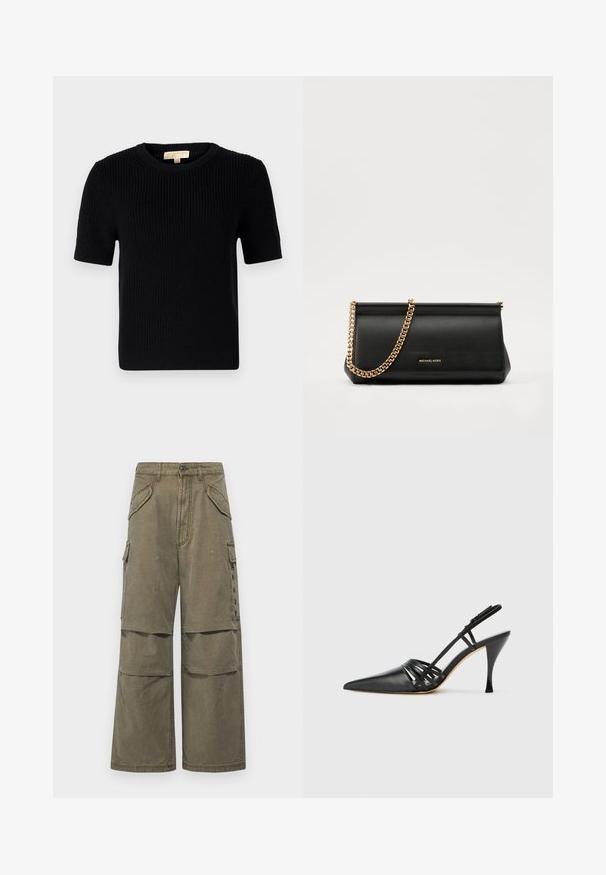 Schwarzer, gestrickter Pullover mit kurzen Ärmeln und rundem Halsausschnitt. Verfügt über eine gerippte Textur und einen gerade geschnittenen Saum. Etikett im inneren Kragen.; Khaki Cargo-Hosen aus Baumwolle im weit geschnittenen Stil, mit mehreren Taschen und genähten Details. Eignet sich für die Freizeit.; Schwarze Leder-Slingback-Pumps mit spitzem Zehenbereich, über Kreuz verlaufendem Riemendesign und schmalem Stiletto-Absatz. Glatte Oberfläche und minimalistische Akzente.; Schwarze Leder-Clutch mit einer goldenen Ketten-Trage, die eine glatte Oberfläche, rechteckige Form und geprägtes Branding auf der Vorderseite aufweist.