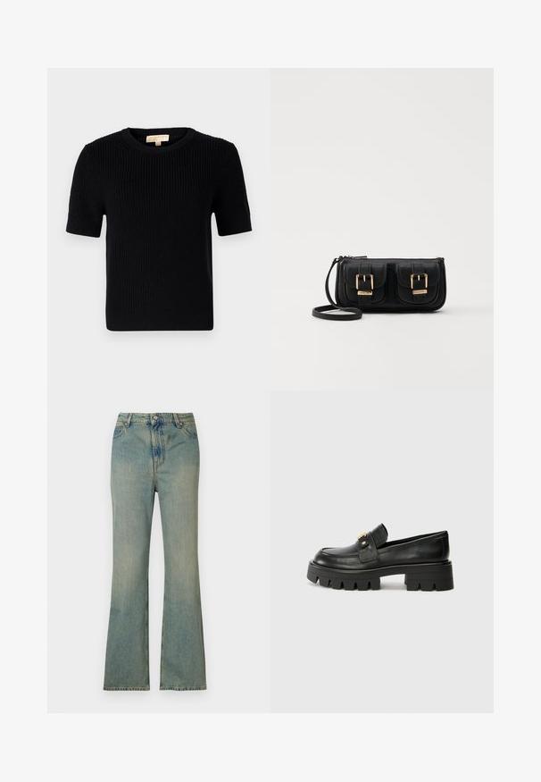 Juodas megztinis trumpomis rankovėmis su apvaliomis iškirptėmis. Siūlo gumbuotą tekstūrą ir tiesų apatinį kraštą. Etiketė vidinėje apykaklėje.; Šviesiai mėlynos džinsinės kelnės su plačiais apatiniais, aukštu liemeniu, penkiomis kišenėmis ir užtrauktuku. Švarus, išblukęs apdaila su subtiliomis siuvimo detalėmis.; Juodi odiniai loafers batai su masyviu padu, papuošti auksiniu akcentu priekyje ir lygiu paviršiumi. Masyvi protektoriaus dizaino išvaizda padais.; Juodas odinis per petį nešiojamas krepšys su dviem priekiniais kišenėmis, auksiniais sagtimis, užtrauktuko uždarymu ir siauromis petnešomis. Textūruota paviršius ir kompaktiškas stačiakampis formatas.