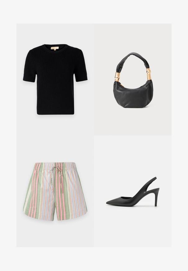 Sort strikket sweater med korte ærmer og rund hals. Har en ribbet tekstur og en lige kant. Mærke på den indvendige krave.; Stribede bomuldsbukser med snoretræk i taljen. Har grønne, pink, lilla og cremefarvede lodrette striber. Blød tekstur, afslappet pasform.; Sorte læder slingback høje hæle med spids tå-design, der har en udskæring fortil og en tynd stiletto-hæl.; Sort læder håndtaske med rund form, blød tekstur og en knyttet hank med guldfarvede hardware detaljer. Lynlåslukning.