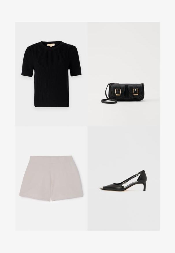 Svart strikket kortermet genser med rund halsutskjæring. Har ribbestruktur og rett avslutning. Etikett på innsiden av kragen.; Elastisk midje beige bomullsshorts med teksturert finish, har rett snitt og ingen synlige lommer eller detaljer.; Sort skinn kittenhel med spiss sølv tåhette og doble spenne-stropper på hvit bakgrunn.; Svart skinn crossbody veske med to frontlommer, gyldne spenner, glidelåslukking og en slank stropp. Teksturert overflate og kompakt rektangulær form.