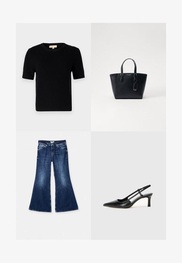 Black knitted short-sleeve sweater with a round neckline. Features a ribbed texture and a straight-cut hemline. Label on the inside collar.; RE/DONE BAGGY FLARE - Flared Jeans - monterey fade; Black patent slingback heel with a pointed toe, featuring textured snake print, adjustable strap, and a short, textured block heel.; Black leather handbag with a structured shape, short dual handles, gold-tone hardware, and a side tag accessory. Smooth, textured finish.
